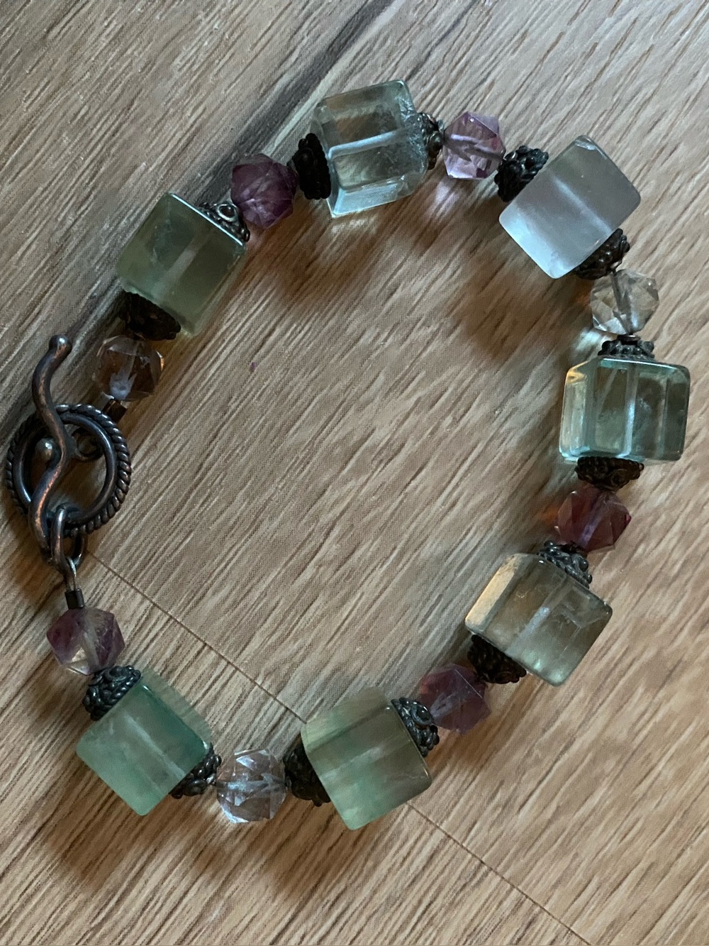 Prasiolite and amethyst toggle closure bracelet